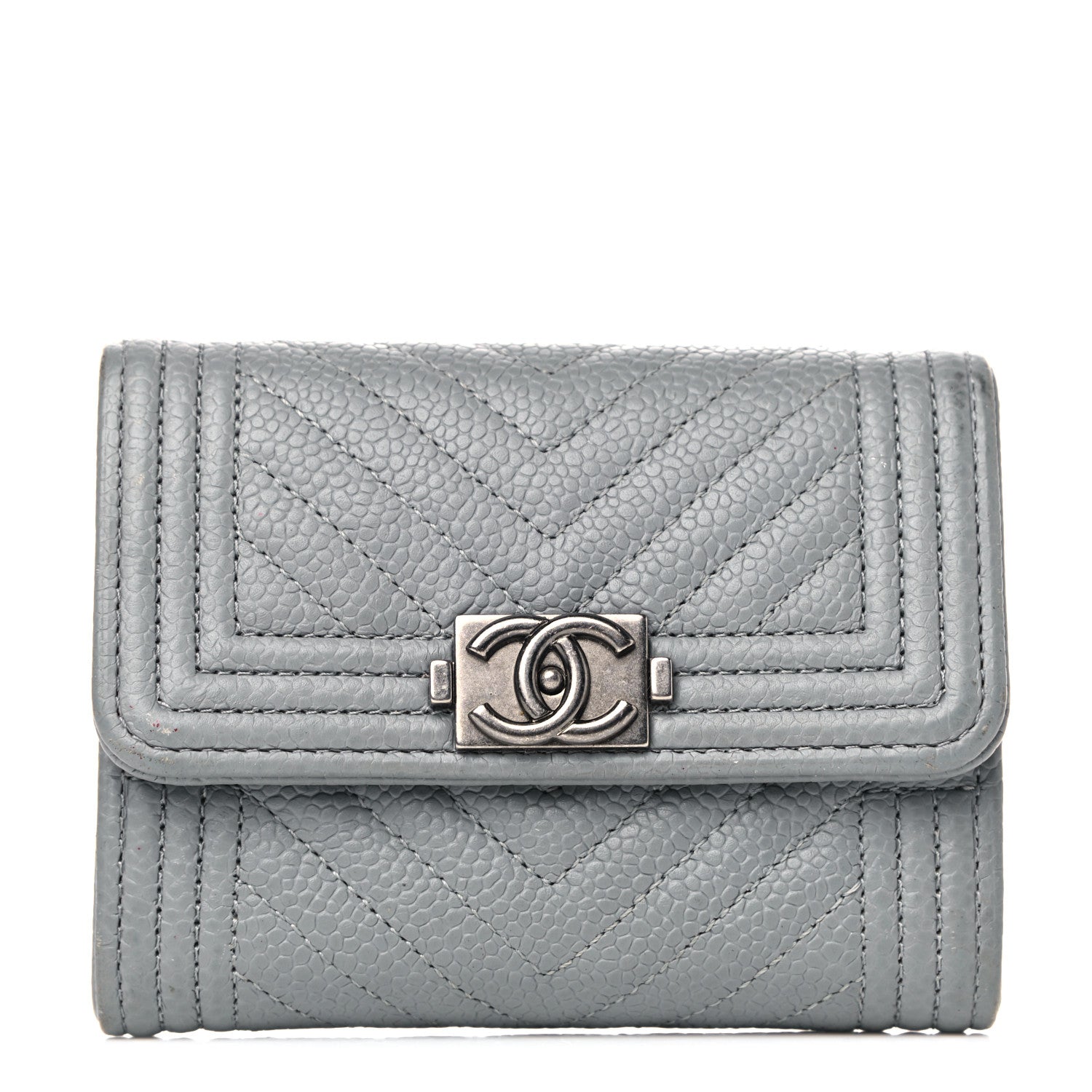 Chanel Caviar Chevron Quilted Boy Flap Card Holder Grey 1 of 10
