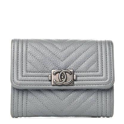 Chanel Caviar Chevron Quilted Boy Flap Card Holder Grey 1 of 10