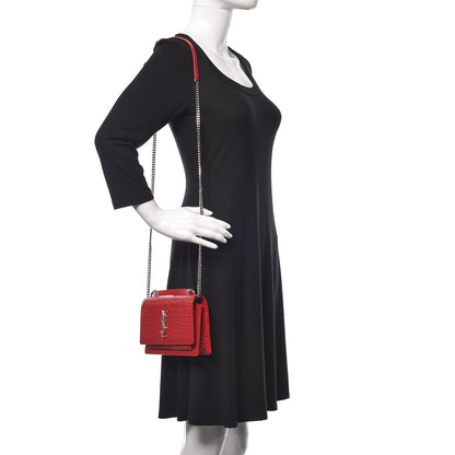 Saint Laurent Calfskin Crocodile Embossed Monogram Sunset Chain Wallet New Lipstick Red 2 of 9