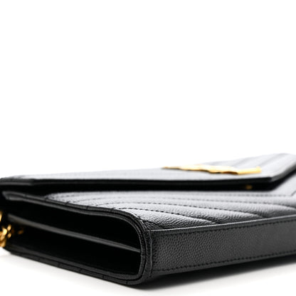 Saint Laurent Grain De Poudre Matelasse Chevron Monogram Chain Wallet Black 9 of 11