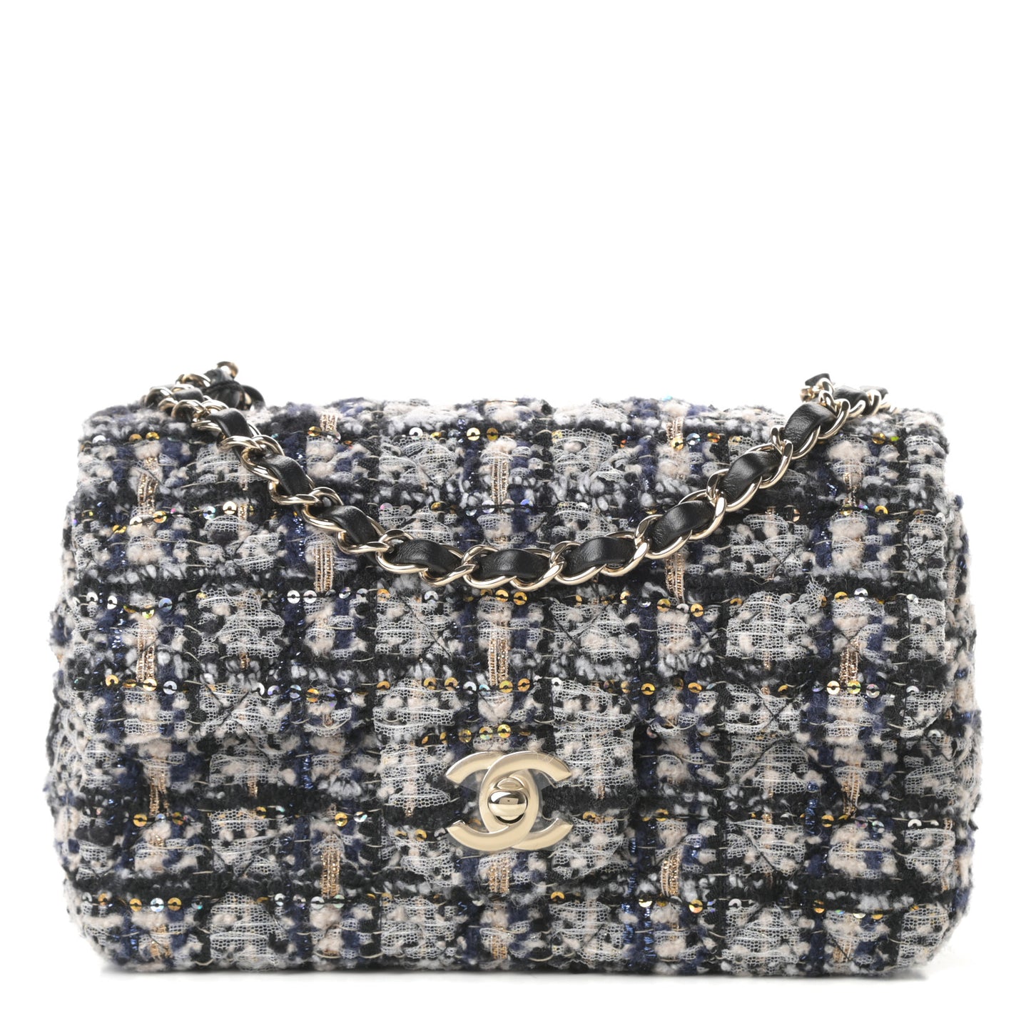 Glittered Tweed Quilted Mini Rectangular Flap Navy Blue