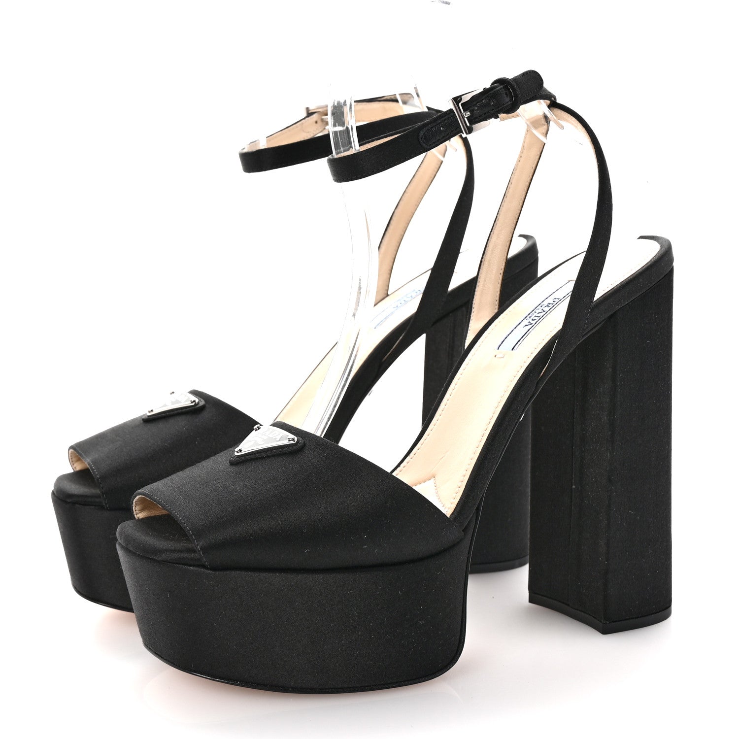 Prada Satin Metal Triangle Logo Ankle Strap 40/135mm Platform Sandals 39 Black 4 of 9