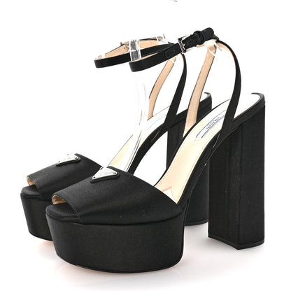 Prada Satin Metal Triangle Logo Ankle Strap 40/135mm Platform Sandals 39 Black 4 of 9