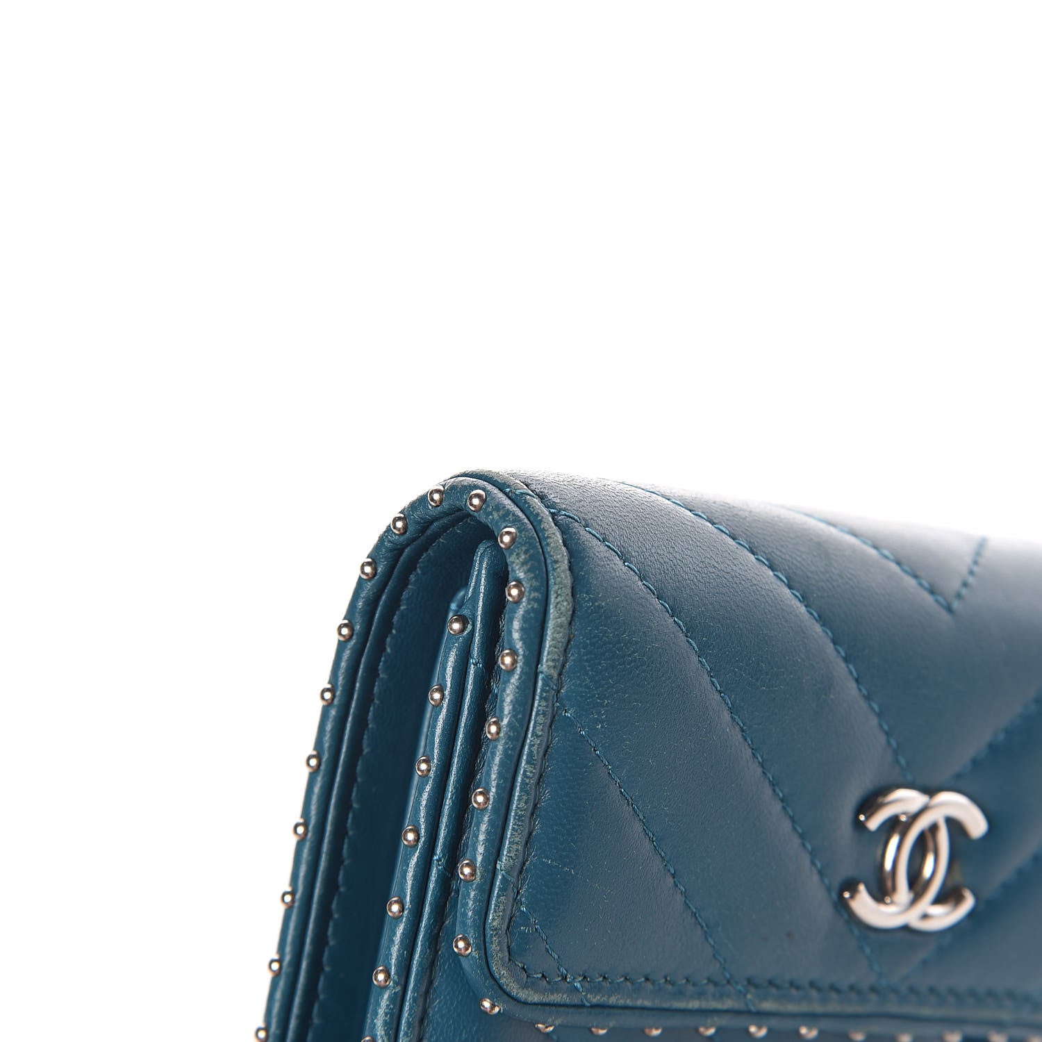 Chanel Lambskin Chevron Quilted Studded Compact Flap Wallet Blue 12 of 14