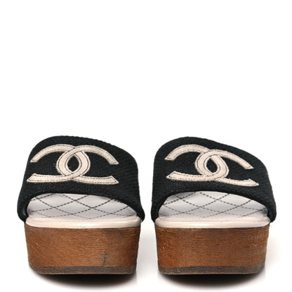 Chanel Fabric Suede Calfskin Wooden CC Clogs  36 Black Light Grey 3 of 9
