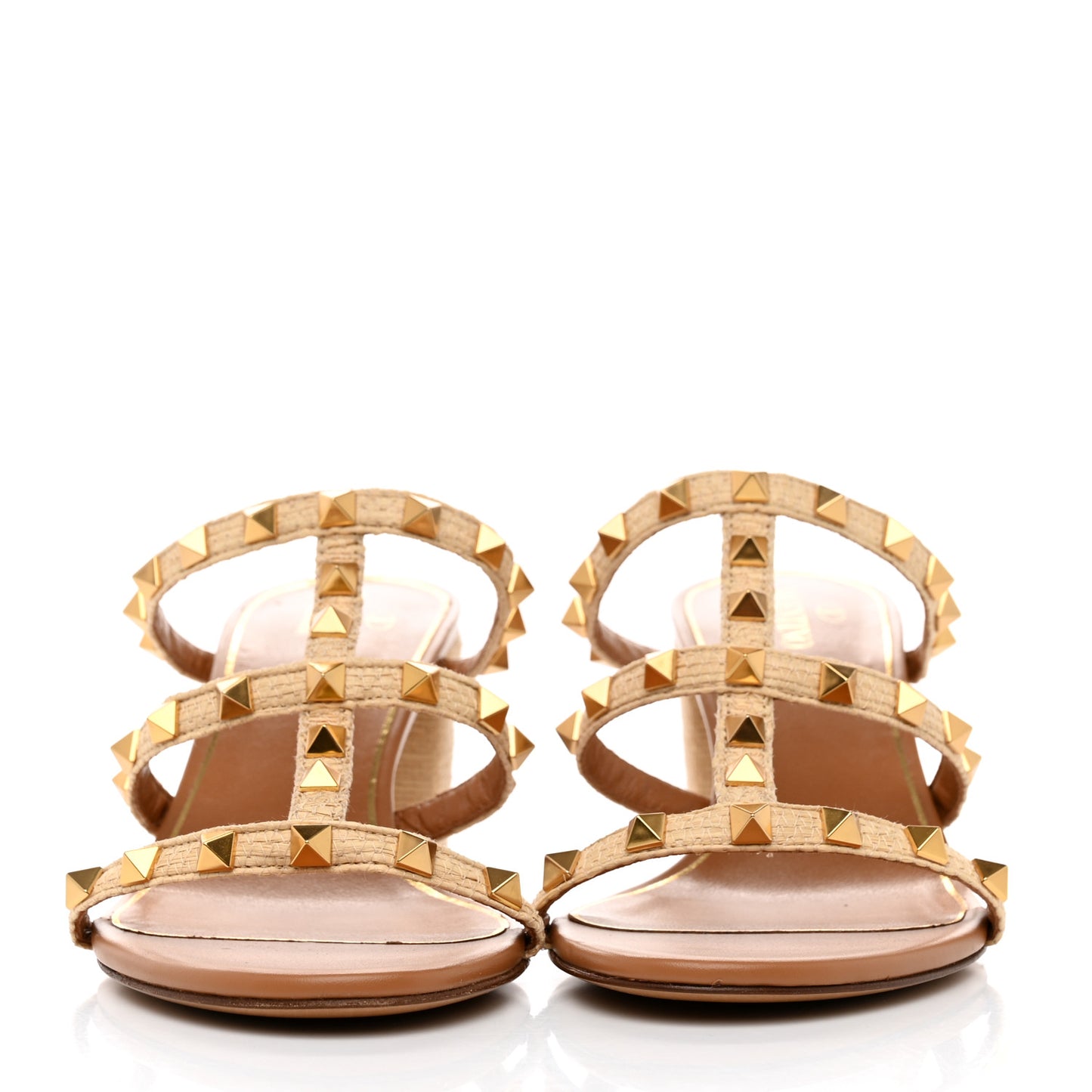 Raffia Calfskin Rockstud 60mm Caged Slide Sandals 39.5 Naturale