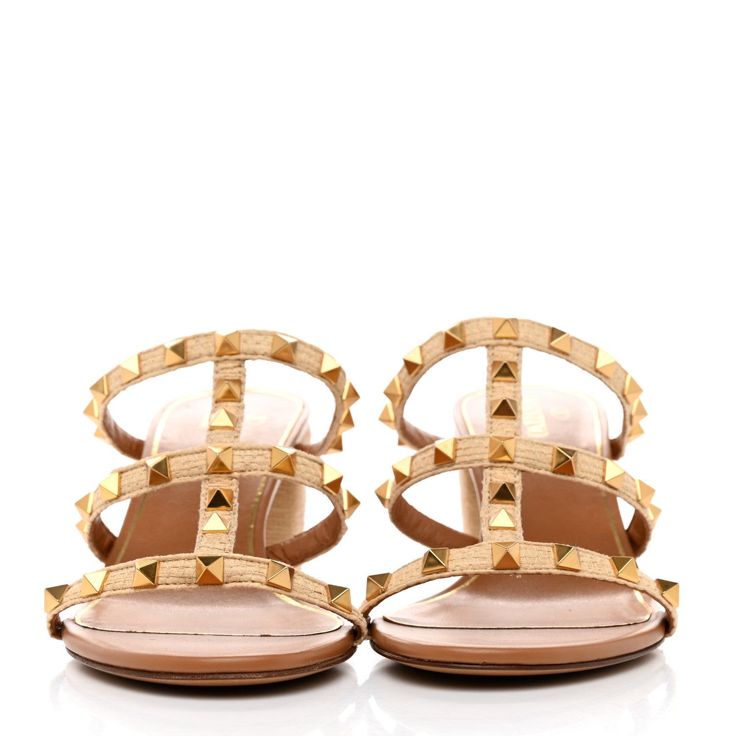 Valentino Garavani Raffia Calfskin Rockstud 60mm Caged Slide Sandals 39.5 Naturale 2 of 8