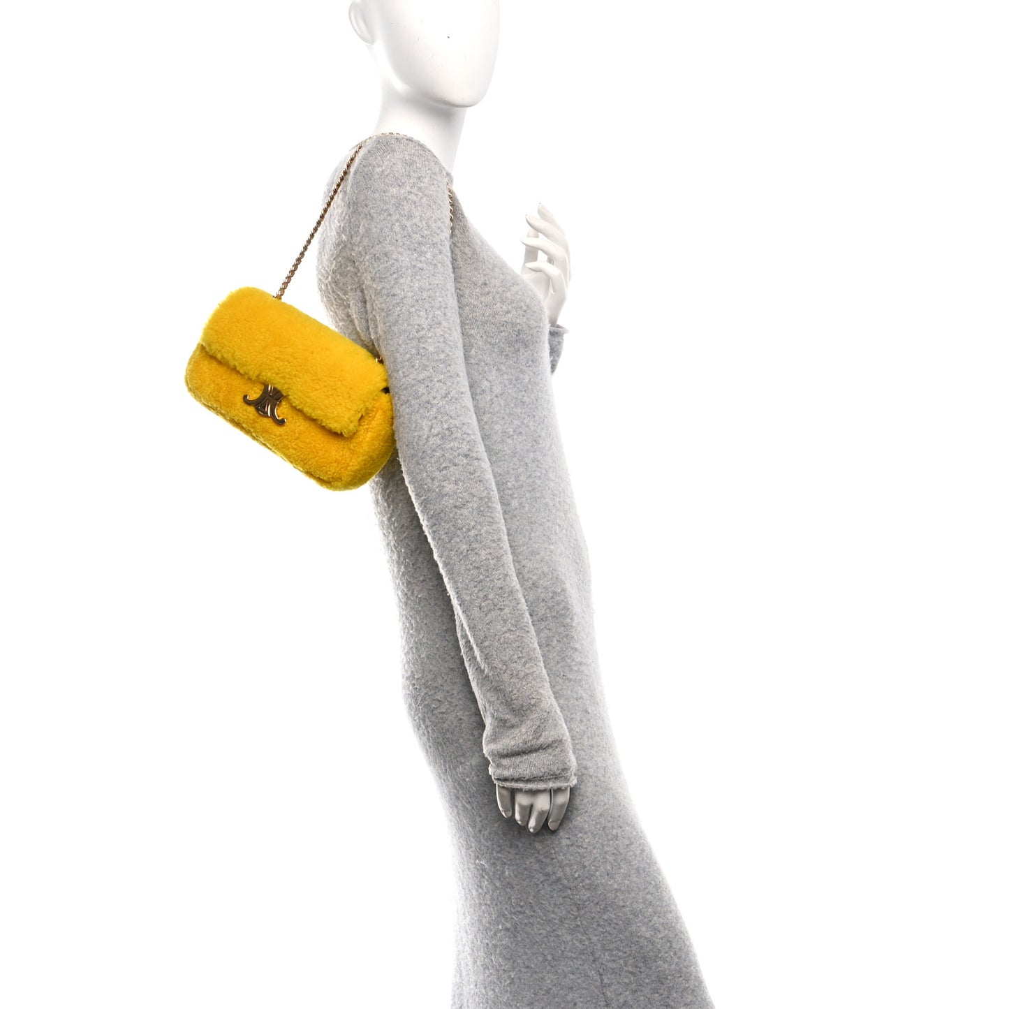 Fluffy Shearling Triomphe Claude Chain Shoulder Bag Yellow