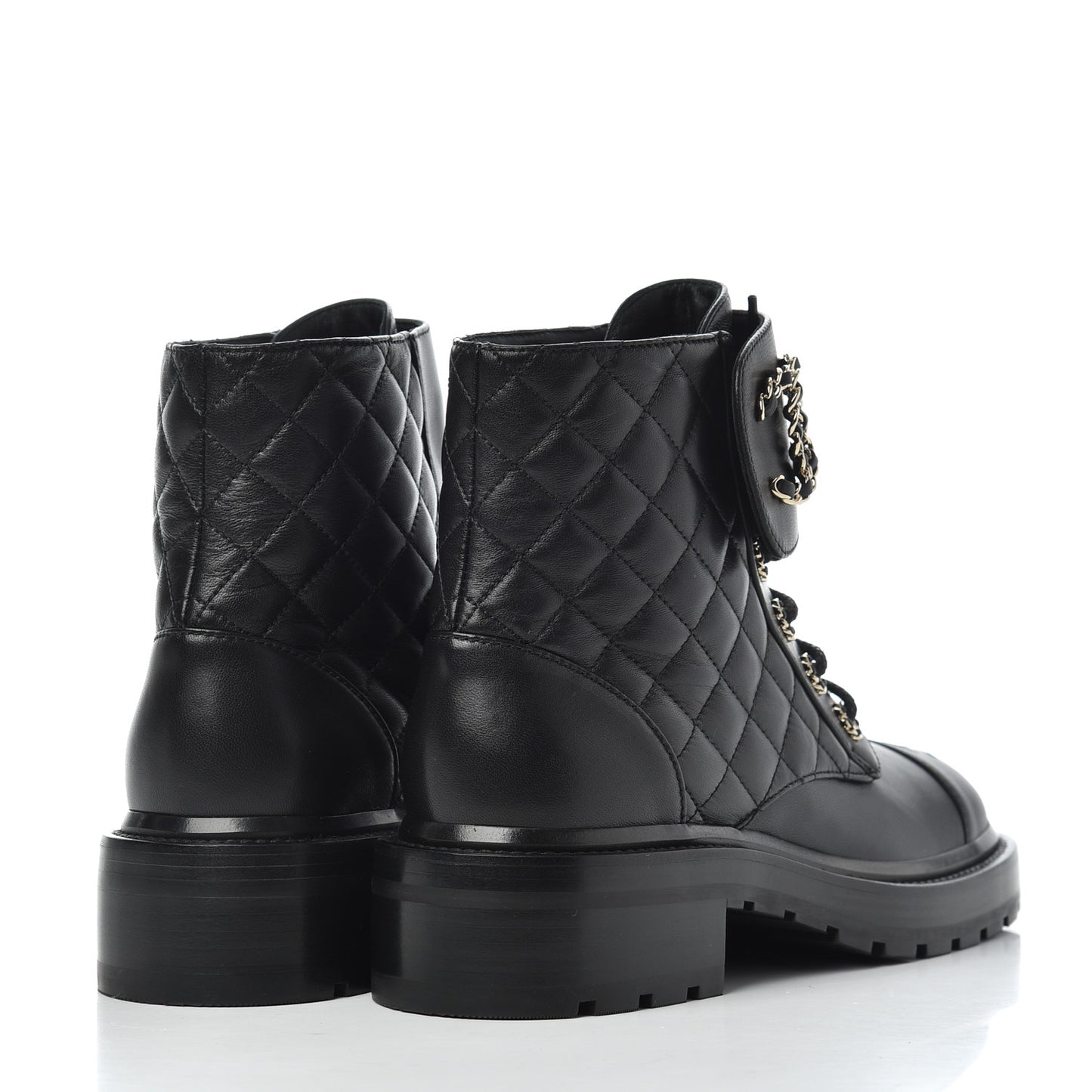 Shiny Lambskin Quilted Lace Up Combat Boots 37.5 Black