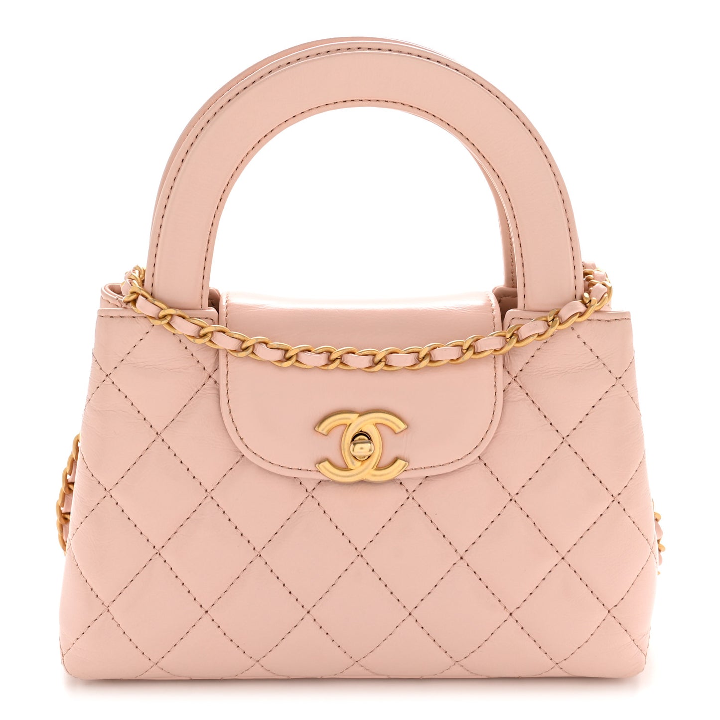 Shiny Aged Calfskin Quilted Nano Kelly Shopper Pink