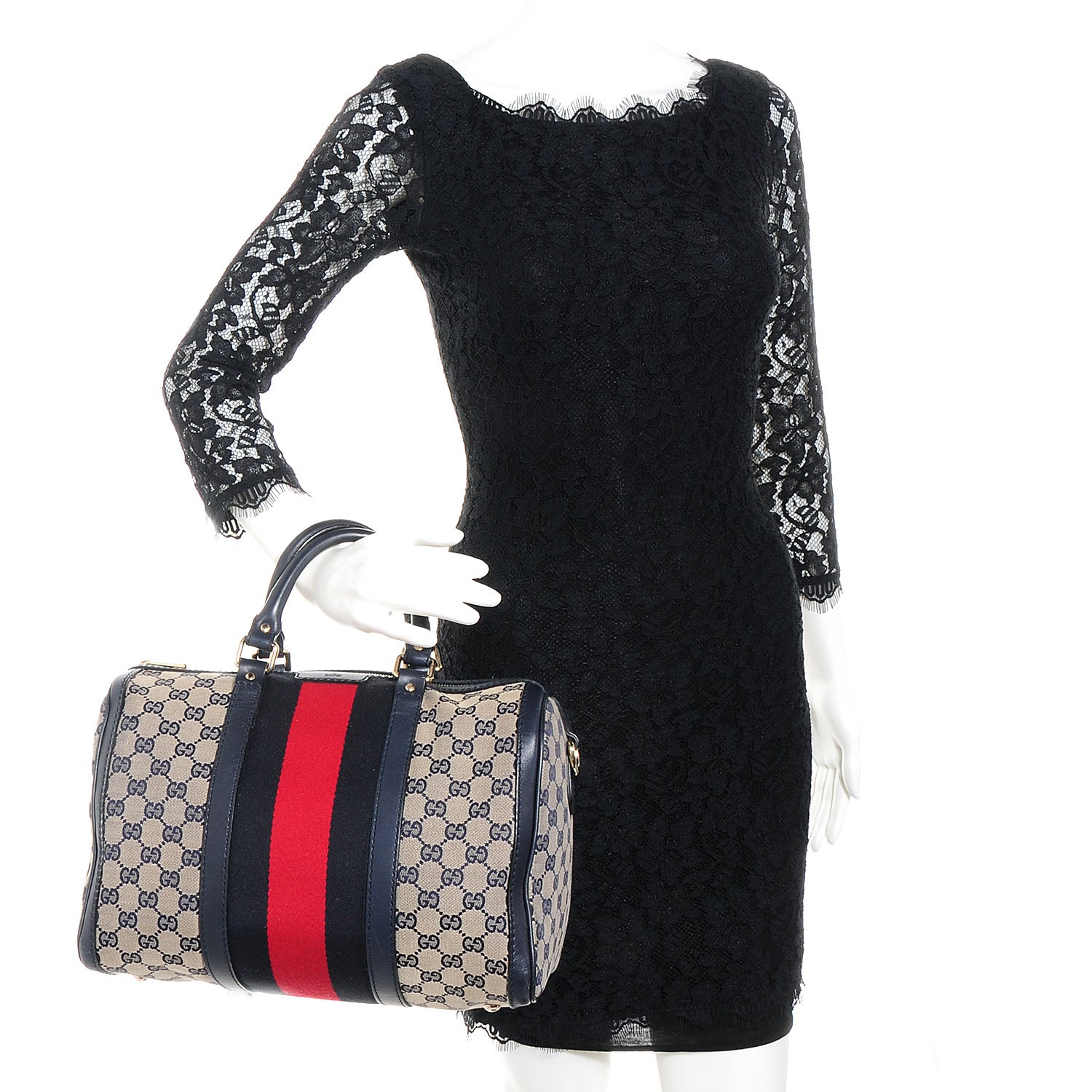 Gucci Monogram Selleria Calfskin Vintage Web Medium Boston Beige Blue 2 of 10