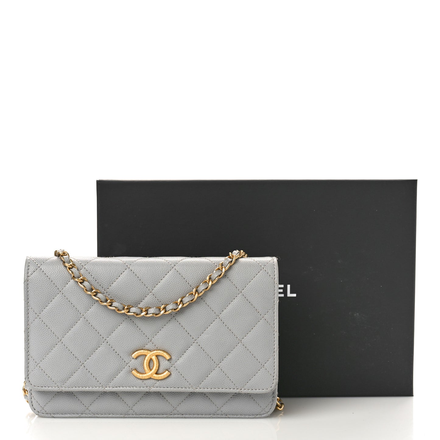 Caviar Quilted Textured CC Wallet on Chain WOC Grey