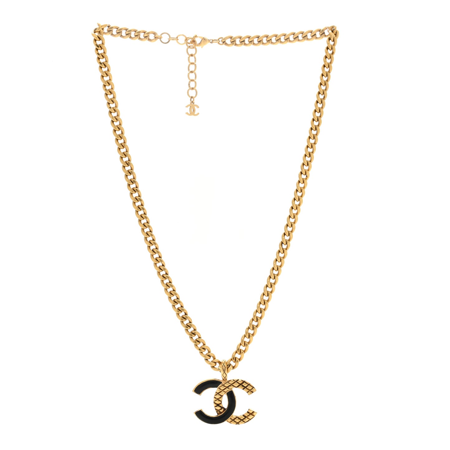 Metal Enamel Quilted CC Chain Necklace Pendant Gold Black