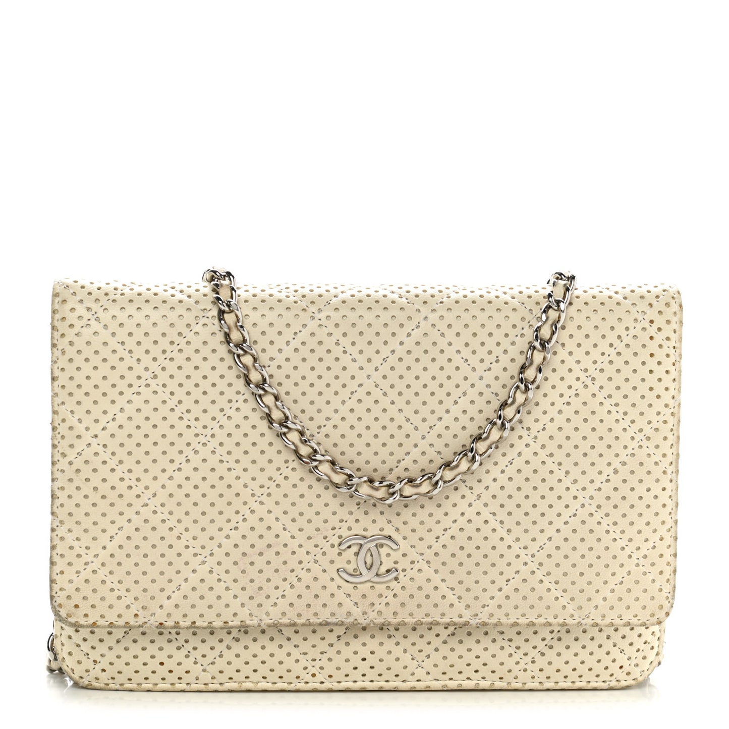 Perforated Lambskin Quilted Wallet On Chain WOC Beige