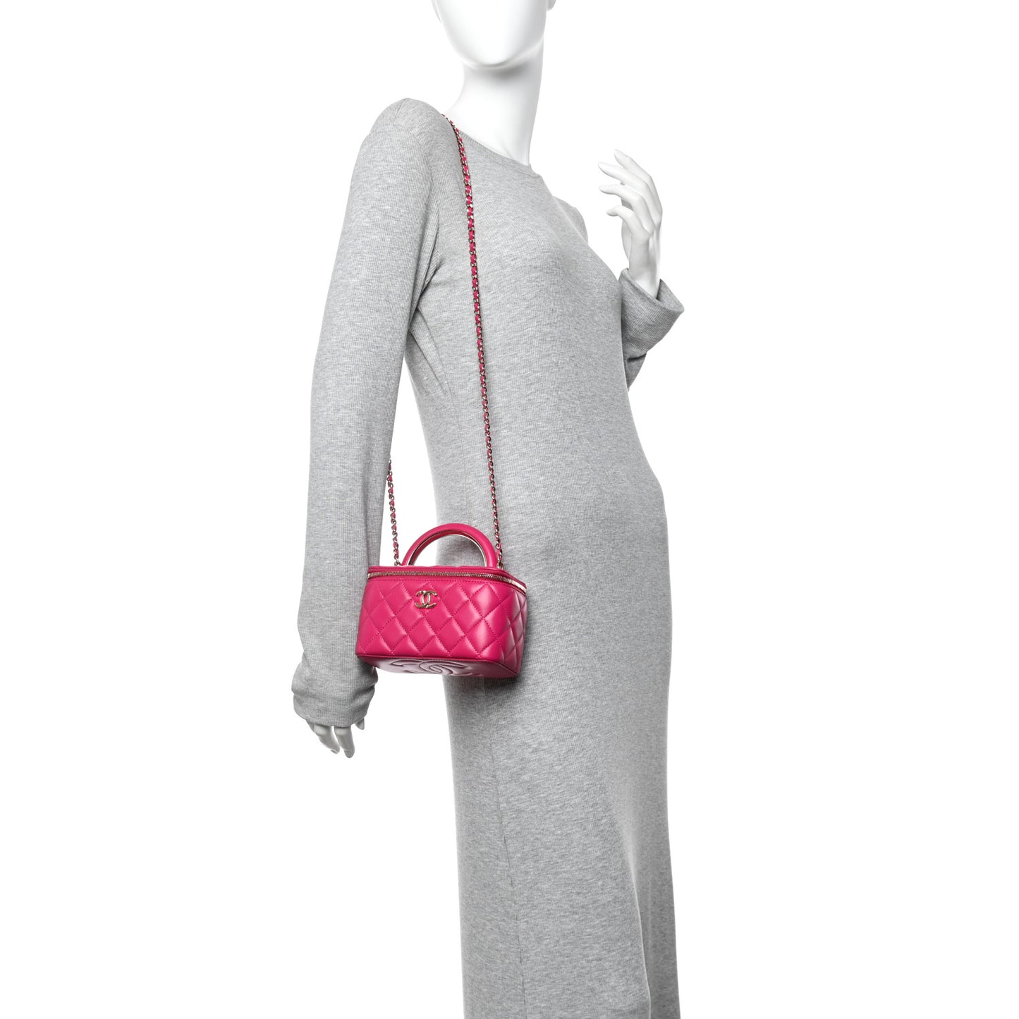 Lambskin Quilted Small Charming Top Handle Vanity Case With Chain Dark Pink