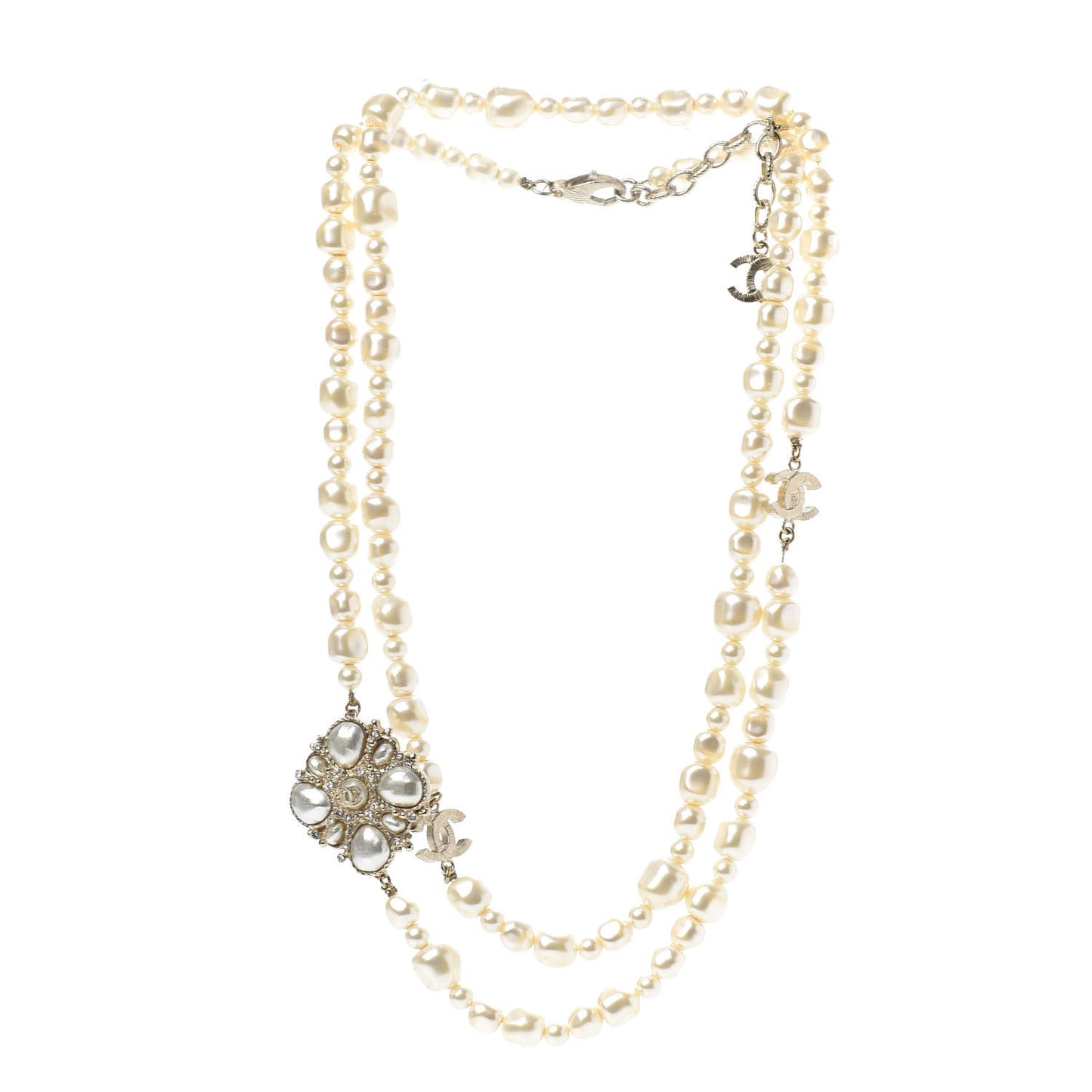 Graduated Pearl Crystal CC Multi Strand Necklace Gold