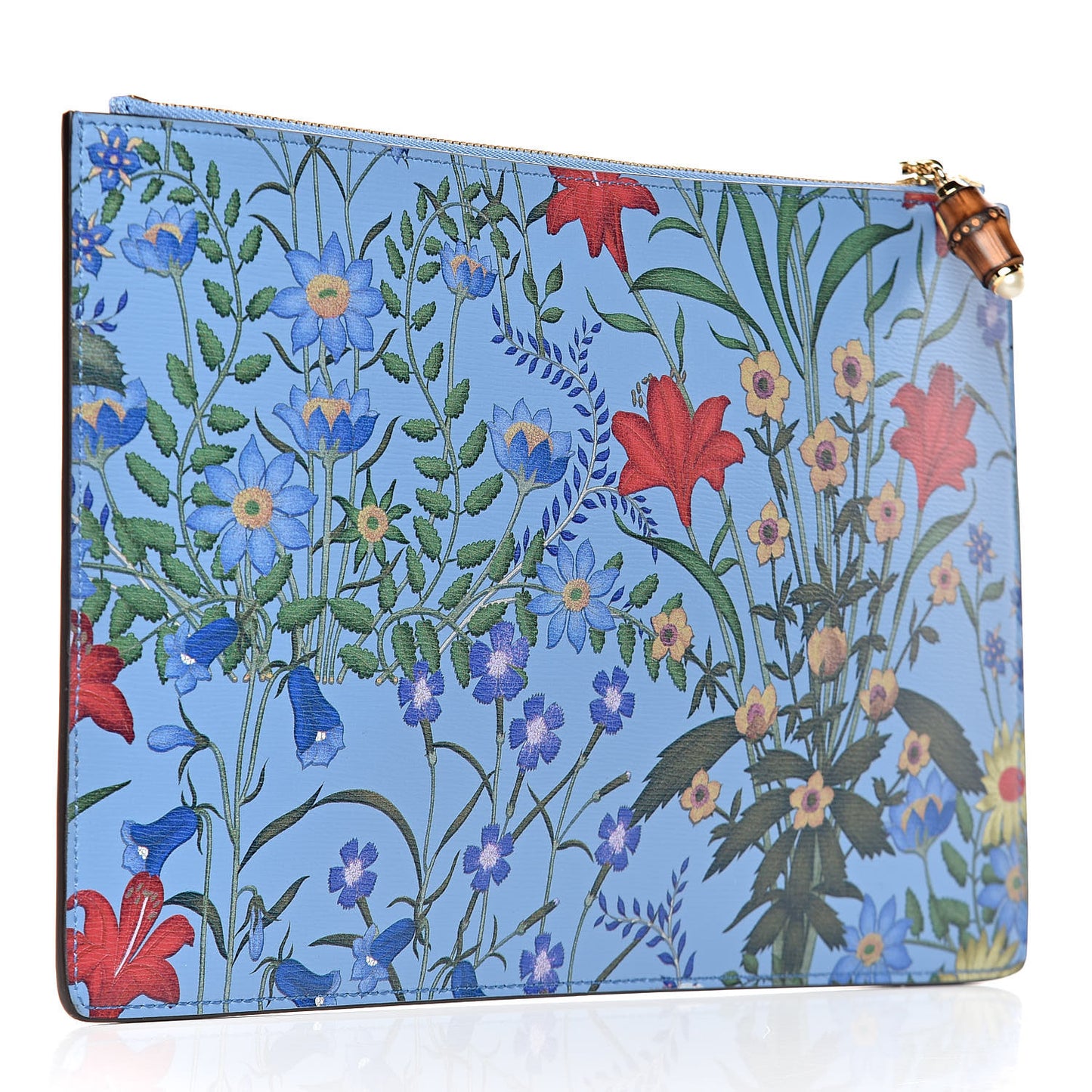 Calfskin Bamboo New Flora Zip Pouch Azure