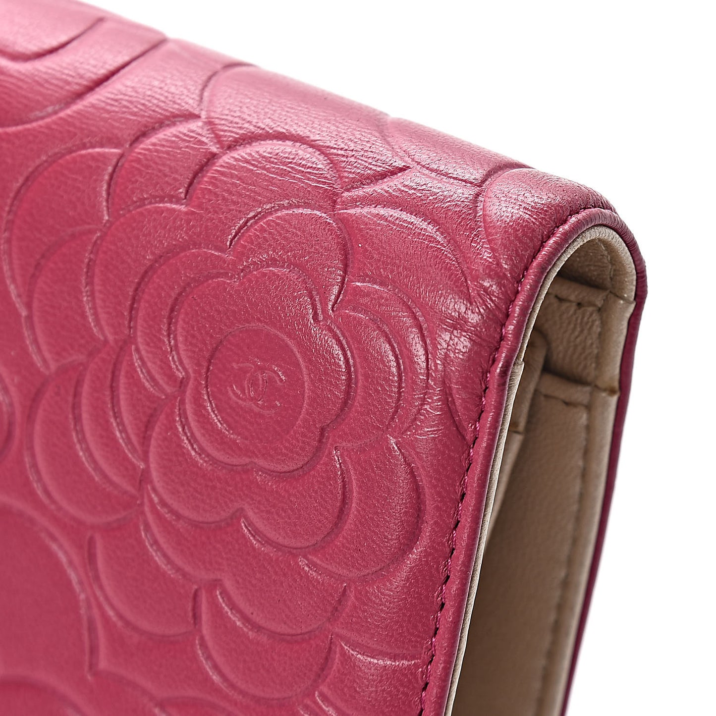 Lambskin Camellia Embossed Yen Wallet Fuchsia