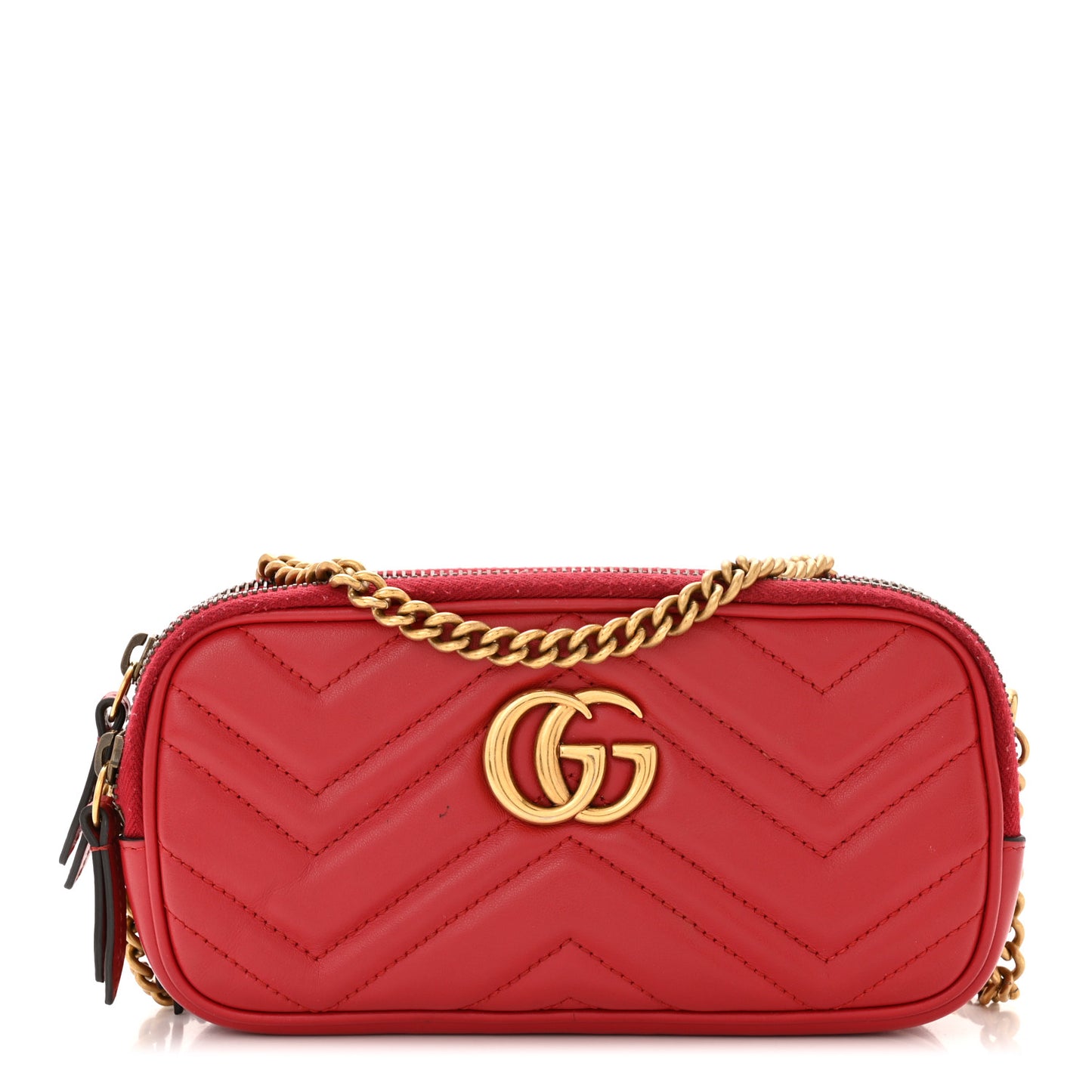 Calfskin Matelasse Mini GG Marmont Chain Crossbody Bag Hibiscus Red