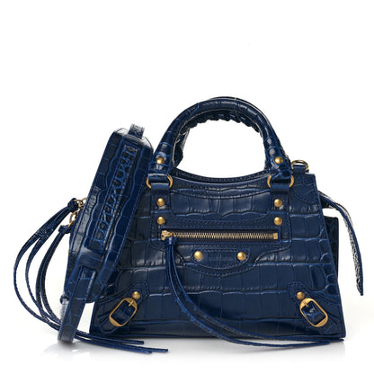 Balenciaga Shiny Supple Calfskin Crocodile Embossed Neo Classic Gold Hardware Mini City Navy 1 of 8
