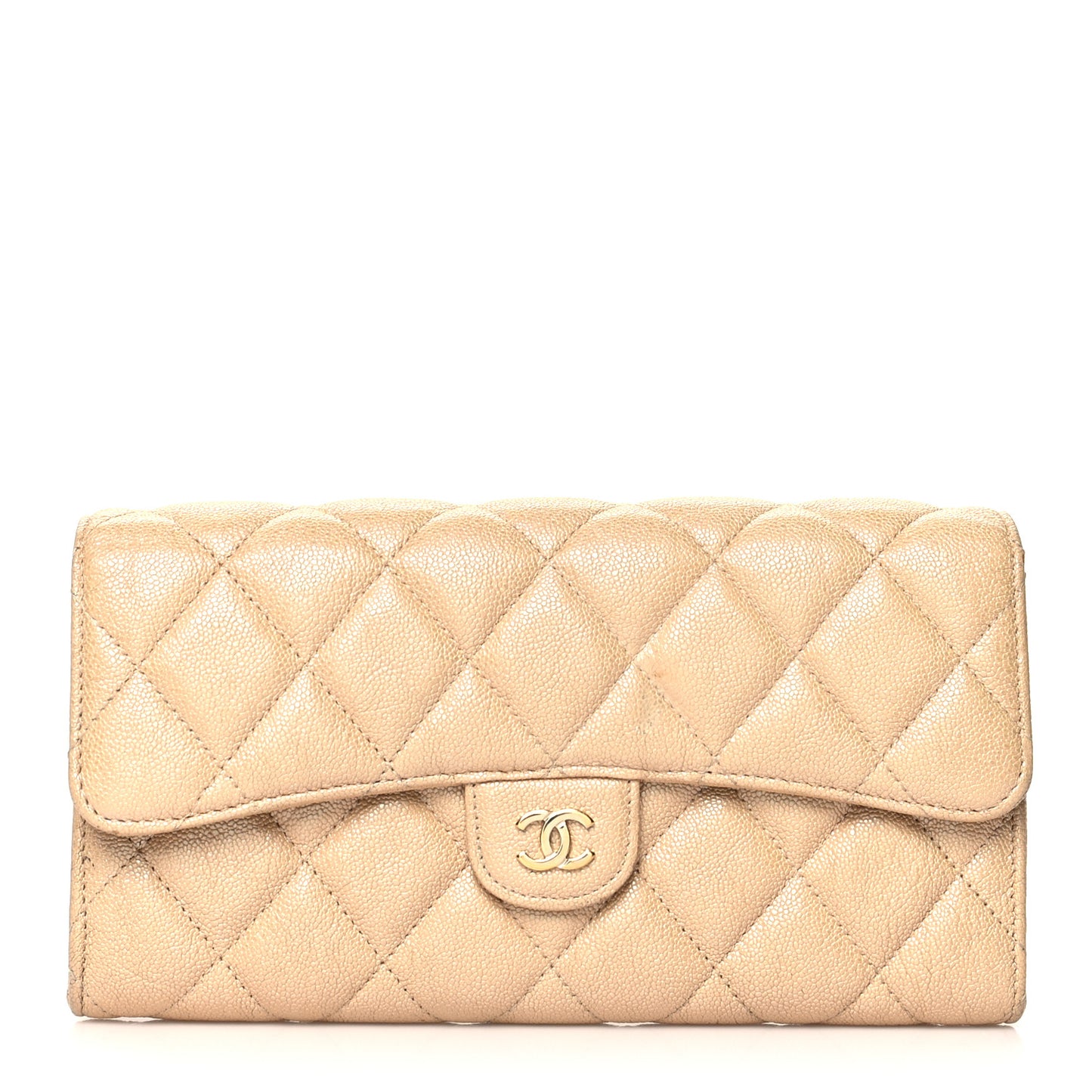 Iridescent Caviar Quilted Long Flap Wallet Beige