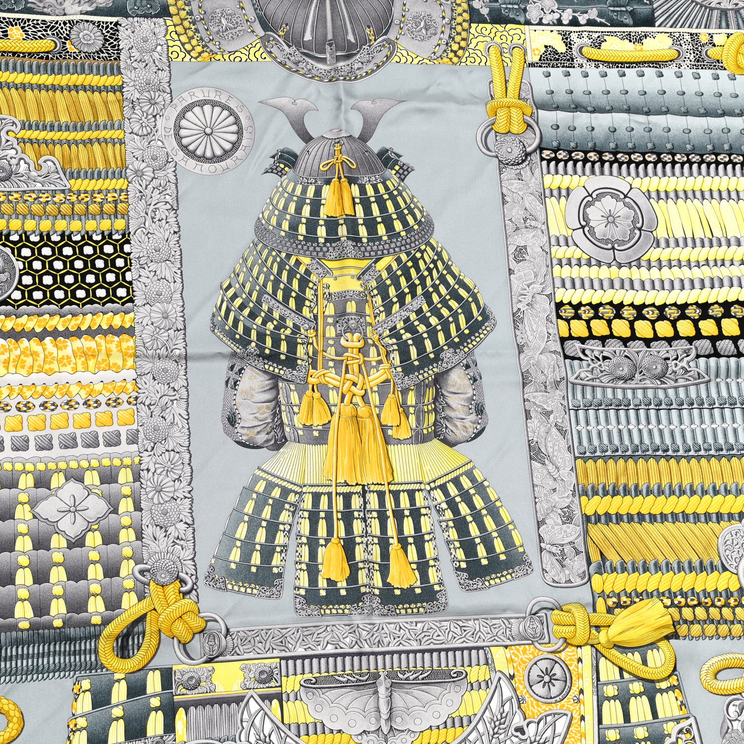 Hermes Silk Parures de Samourais Scarf 90 Gris Jaune Ardoise 3 of 4