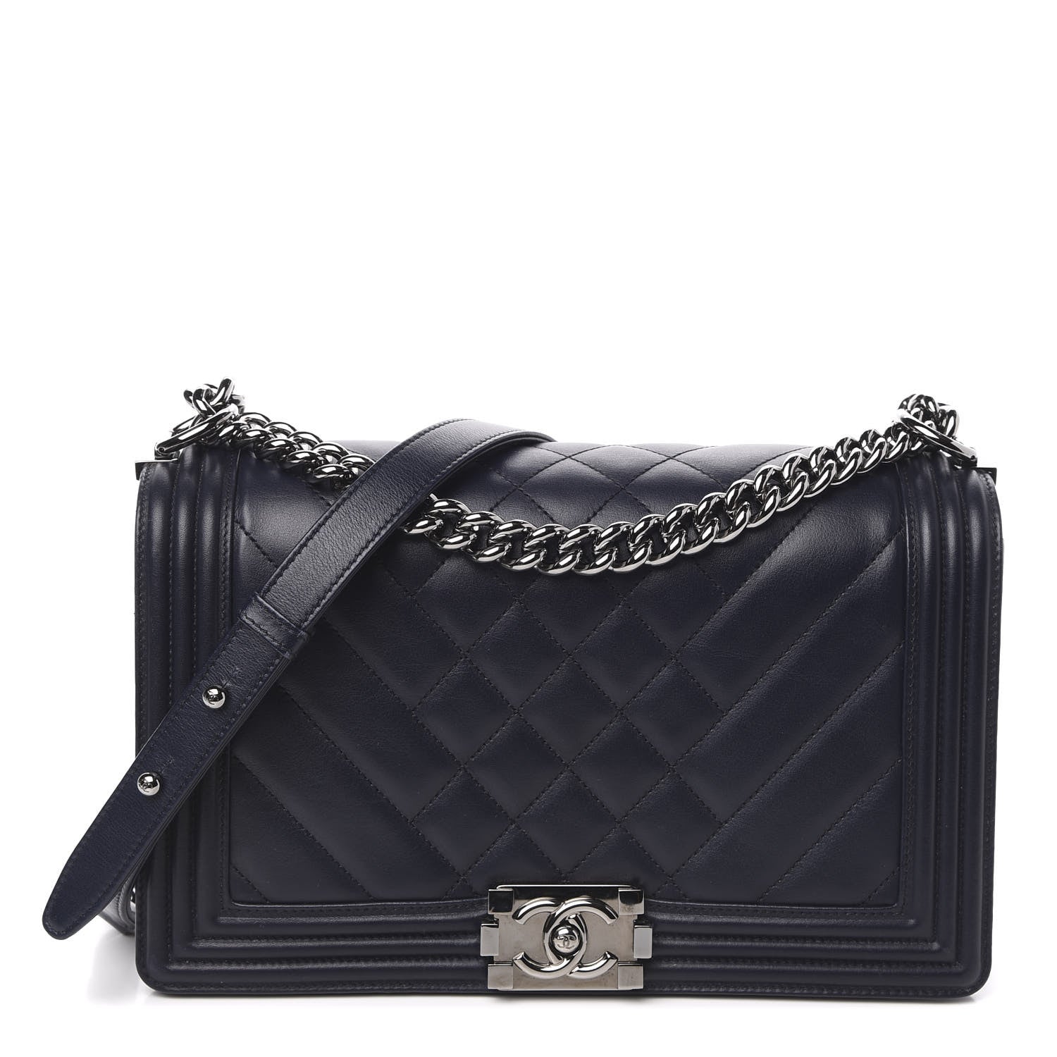 Chanel Calfskin Chevron Quilted New Medium Boy Flap Navy Blue 1 of 14