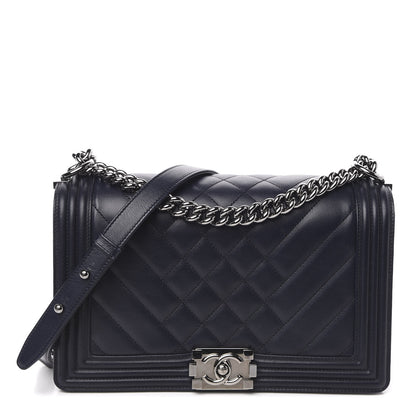 Chanel Calfskin Chevron Quilted New Medium Boy Flap Navy Blue 1 of 14