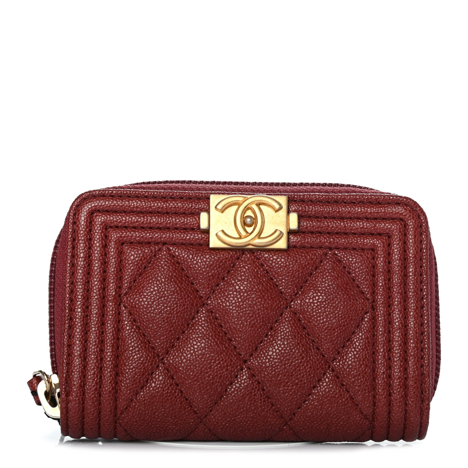 Chanel Caviar Quilted Boy Zip Around Coin Purse Wallet Burgundy 1 of 7
