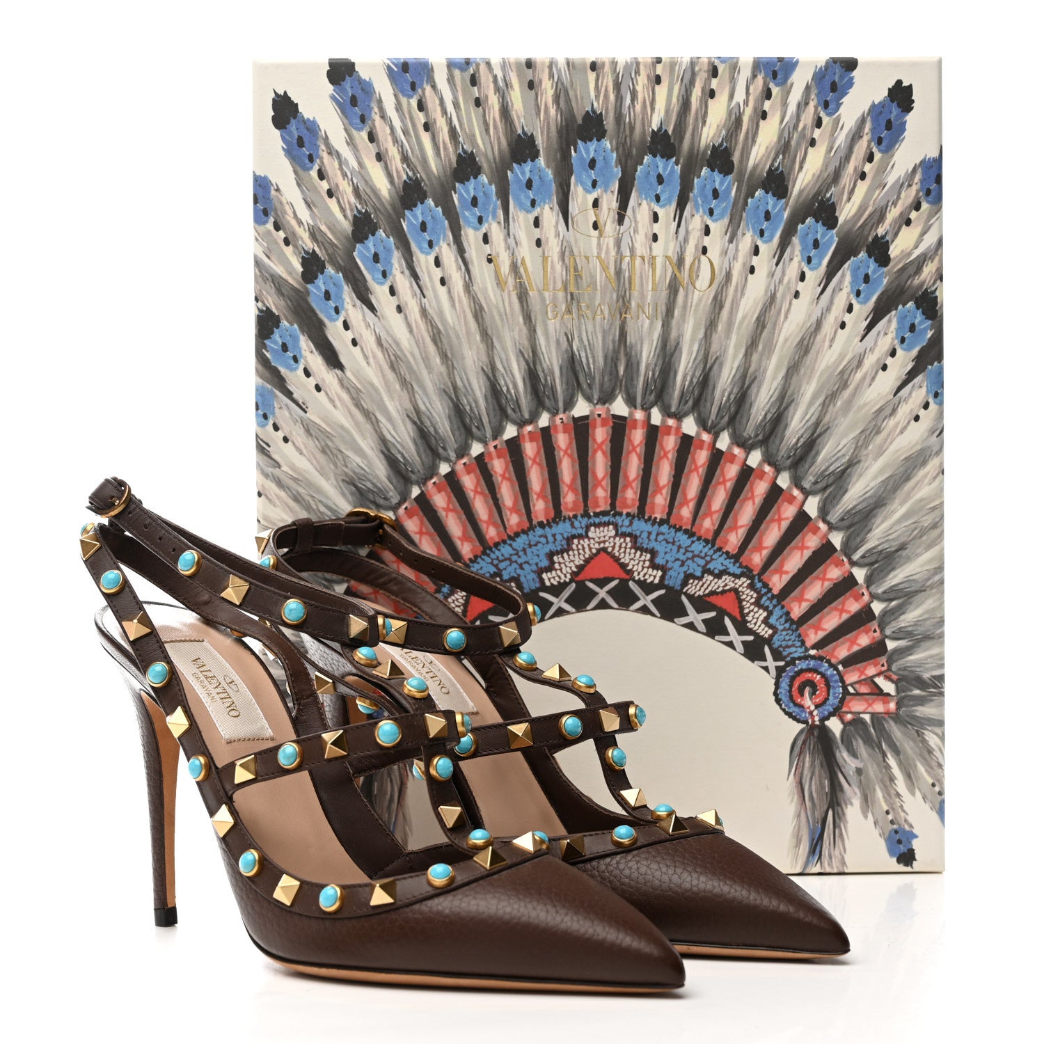 Valentino Garavani Pebbled Calfskin Turquoise Rockstud Rolling Ankle Strap 100mm Pumps 38 Cacao 10 of 10