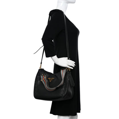 Prada Vitello Daino Zippered Messenger Hobo Black 2 of 17