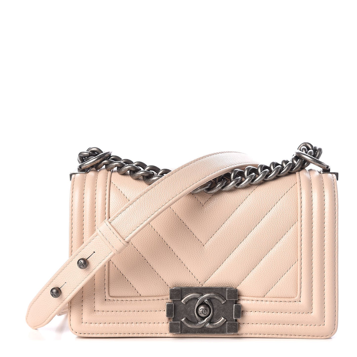 Caviar Chevron Quilted Small Boy Flap Light Beige