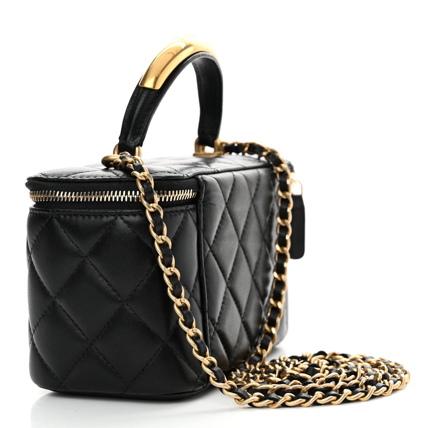 Lambskin Quilted Metal Small Top Handle Vanity Case With Chain Black
