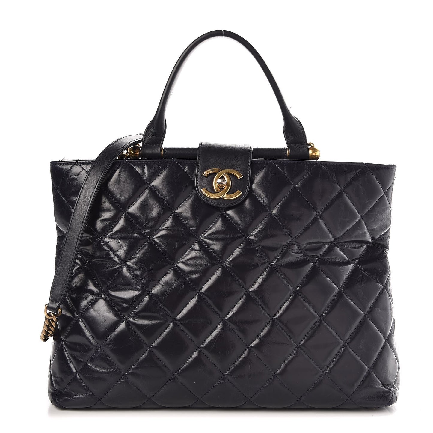 Calfskin Quilted Large Gold Bar Top Handle Tote Dark Navy Blue
