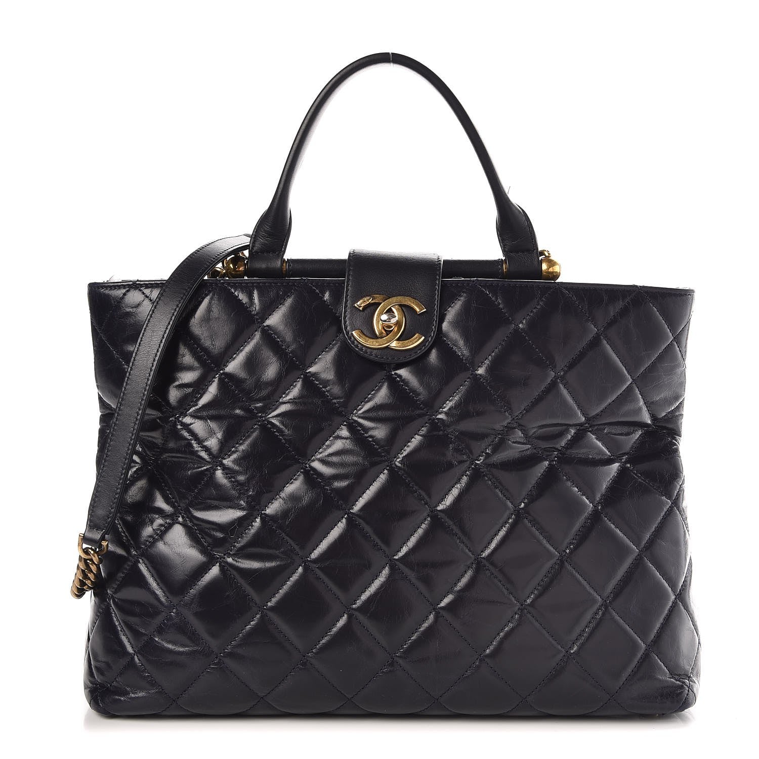 Chanel Calfskin Quilted Large Gold Bar Top Handle Tote Dark Navy Blue 1 of 9