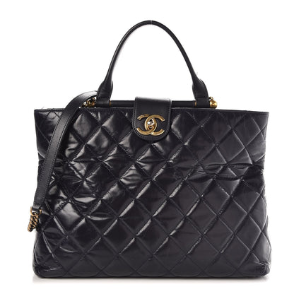 Chanel Calfskin Quilted Large Gold Bar Top Handle Tote Dark Navy Blue 1 of 9