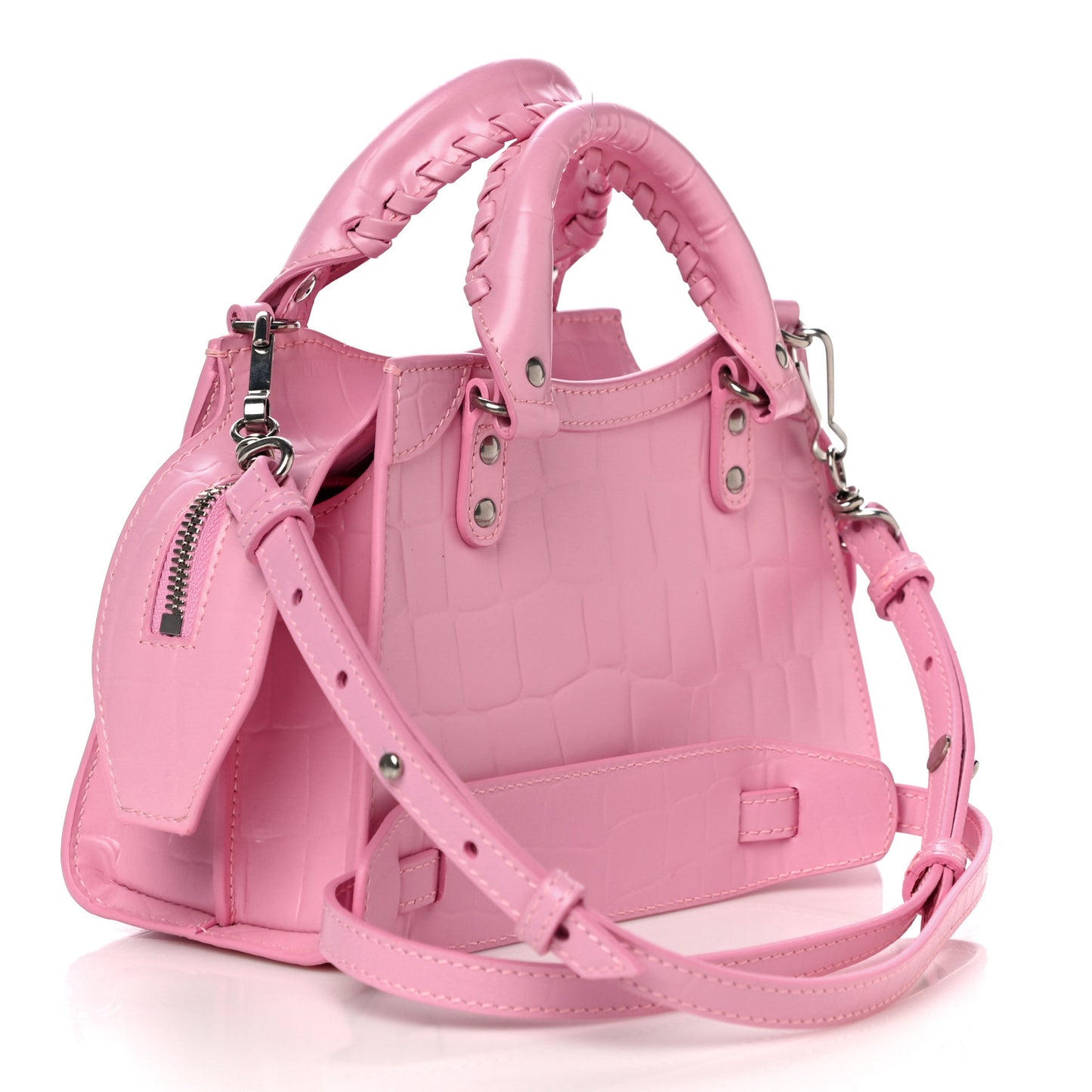 Semi Shiny Calfskin Crocodile Embossed Neo Classic Silver Hardware Mini City Pink