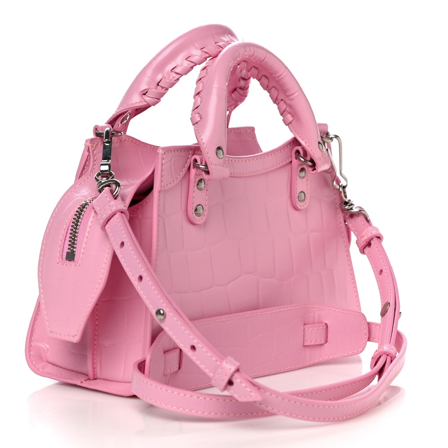 Balenciaga Semi Shiny Calfskin Crocodile Embossed Neo Classic Silver Hardware Mini City Pink 3 of 9
