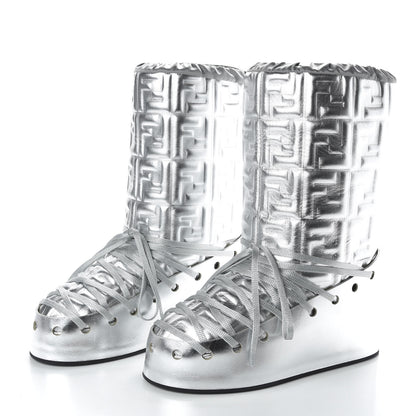 Fendi Laminated Nappa FF Embossed T-Rex Lace Up Ski Boots 40 Argento 3 of 9
