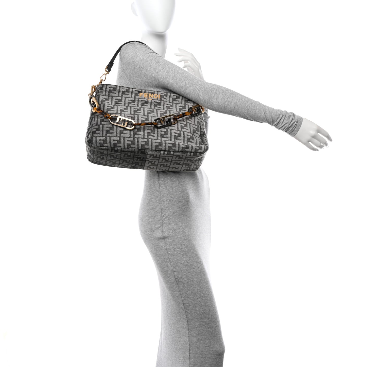 Chenille Vitello Seta Plexiglass FF Fendi O'Lock Zipper Anthracite Asfalto