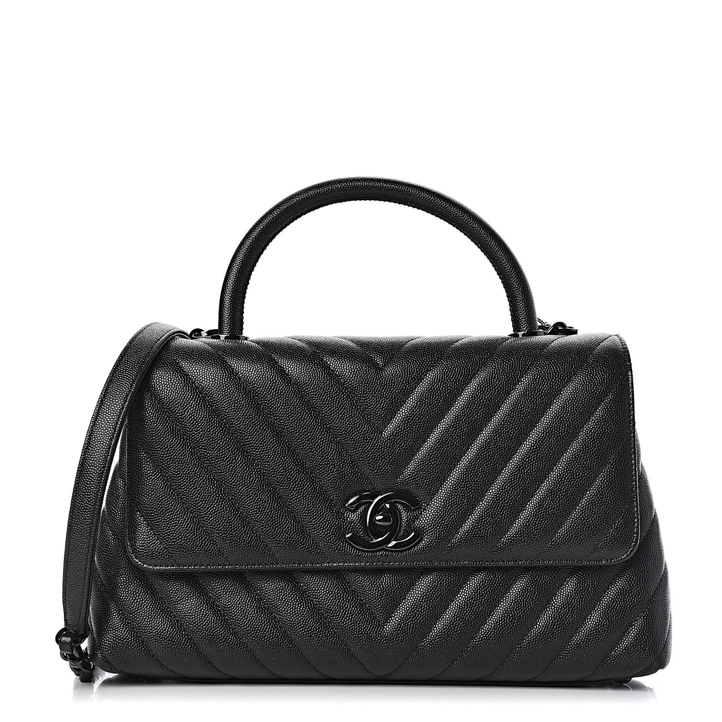 Caviar Chevron Quilted Small Coco Handle Flap So Black