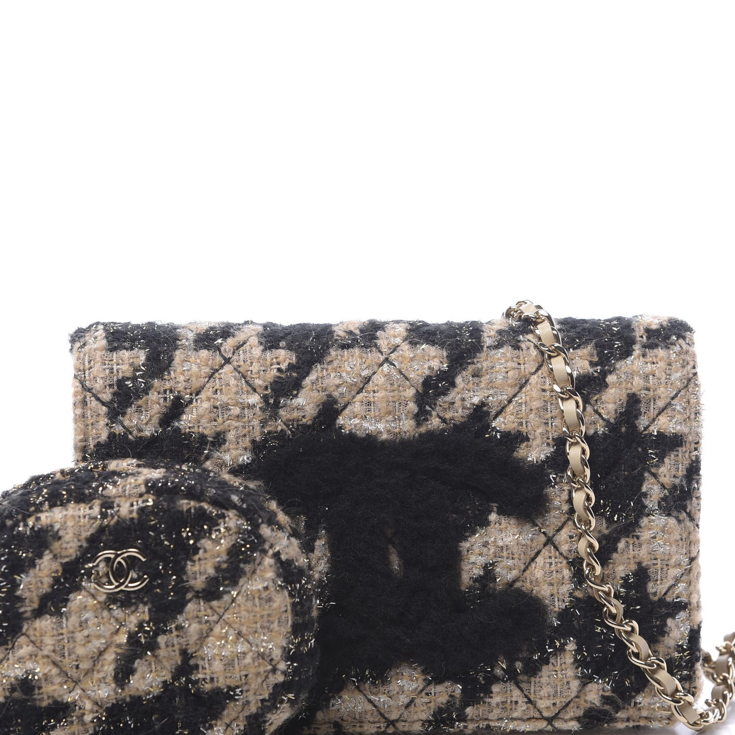 Tweed Shearling Quilted Wallet On Chain WOC and Coin Purse Beige Black