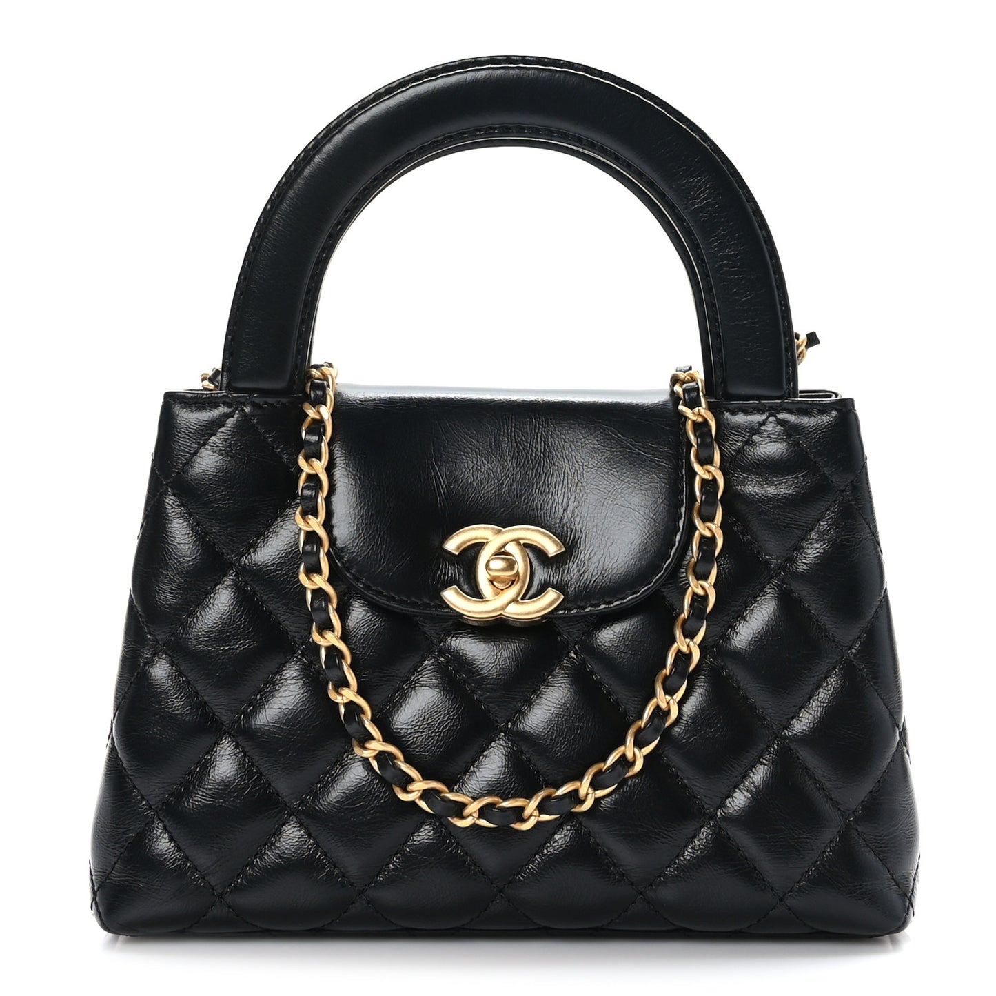 Shiny Aged Calfskin Quilted Nano Kelly Shopper Black