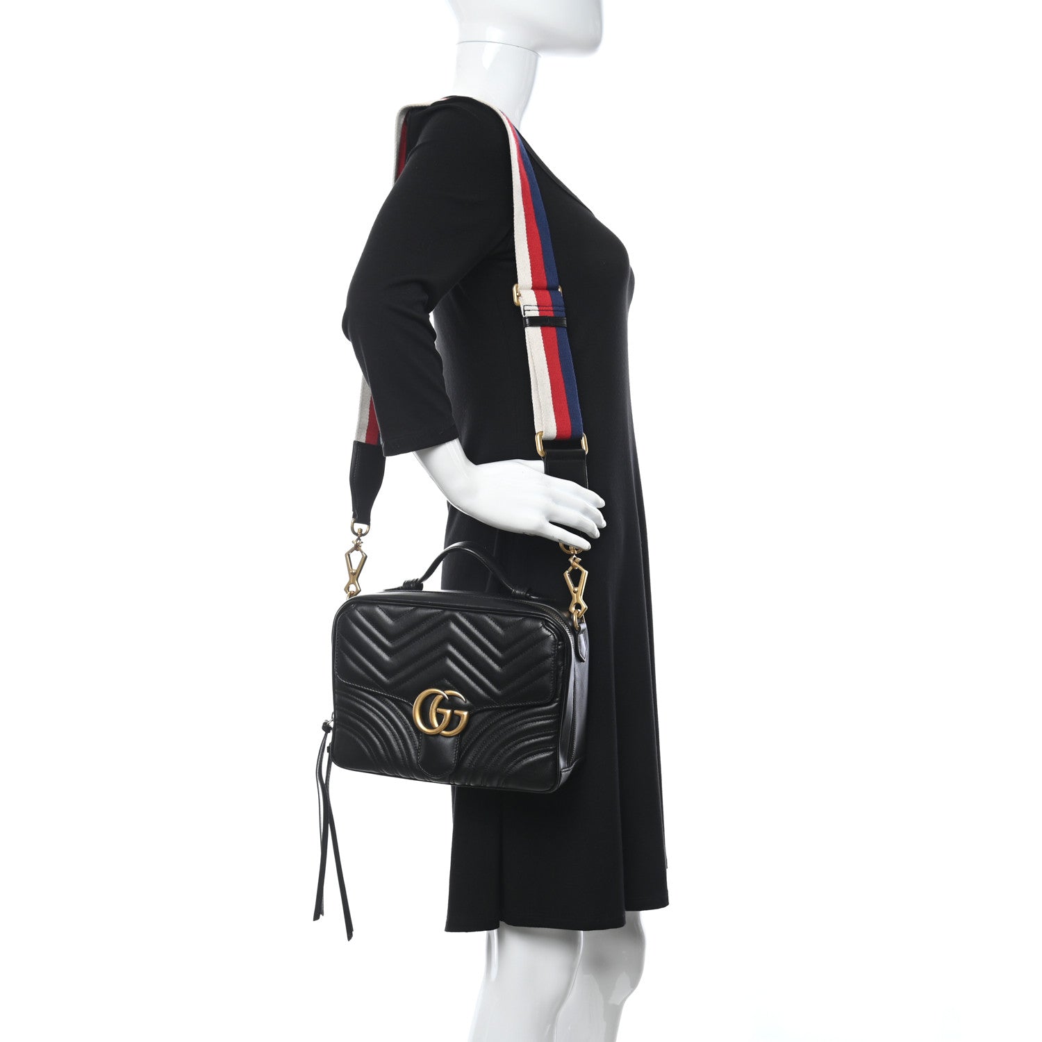 Gucci Calfskin Matelasse Sylvie Web Small GG Marmont Top Handle Shoulder Bag Black 2 of 10