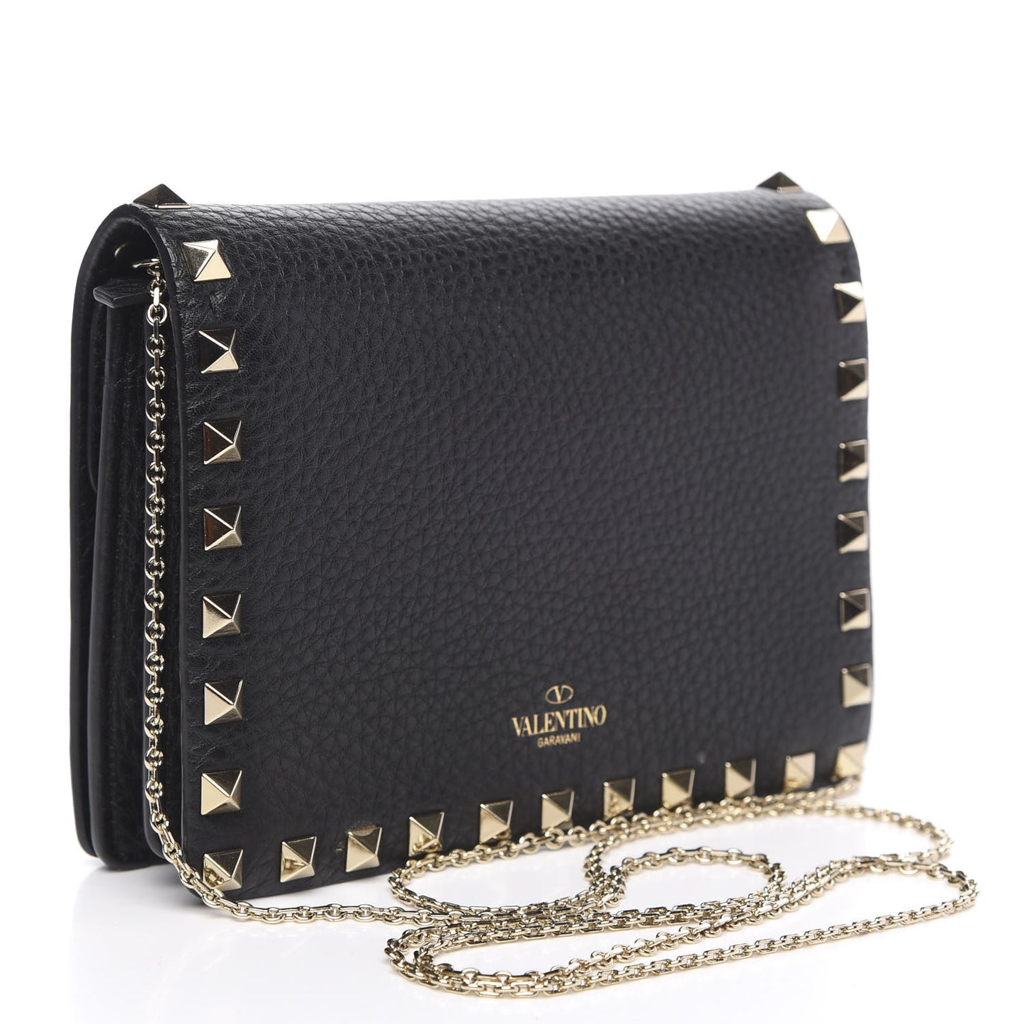 Pebbled Calfskin Rockstud Wallet on Chain Black