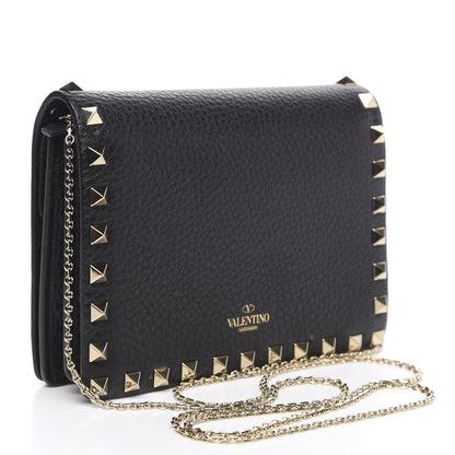 Valentino Garavani Pebbled Calfskin Rockstud Wallet on Chain Black 3 of 10