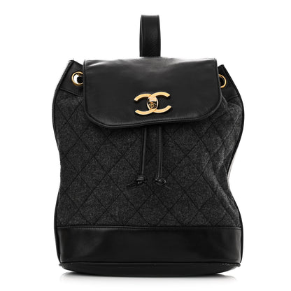 Chanel Lambskin Wool Quilted Drawstring Sling Backpack Black Grey 1 of 14