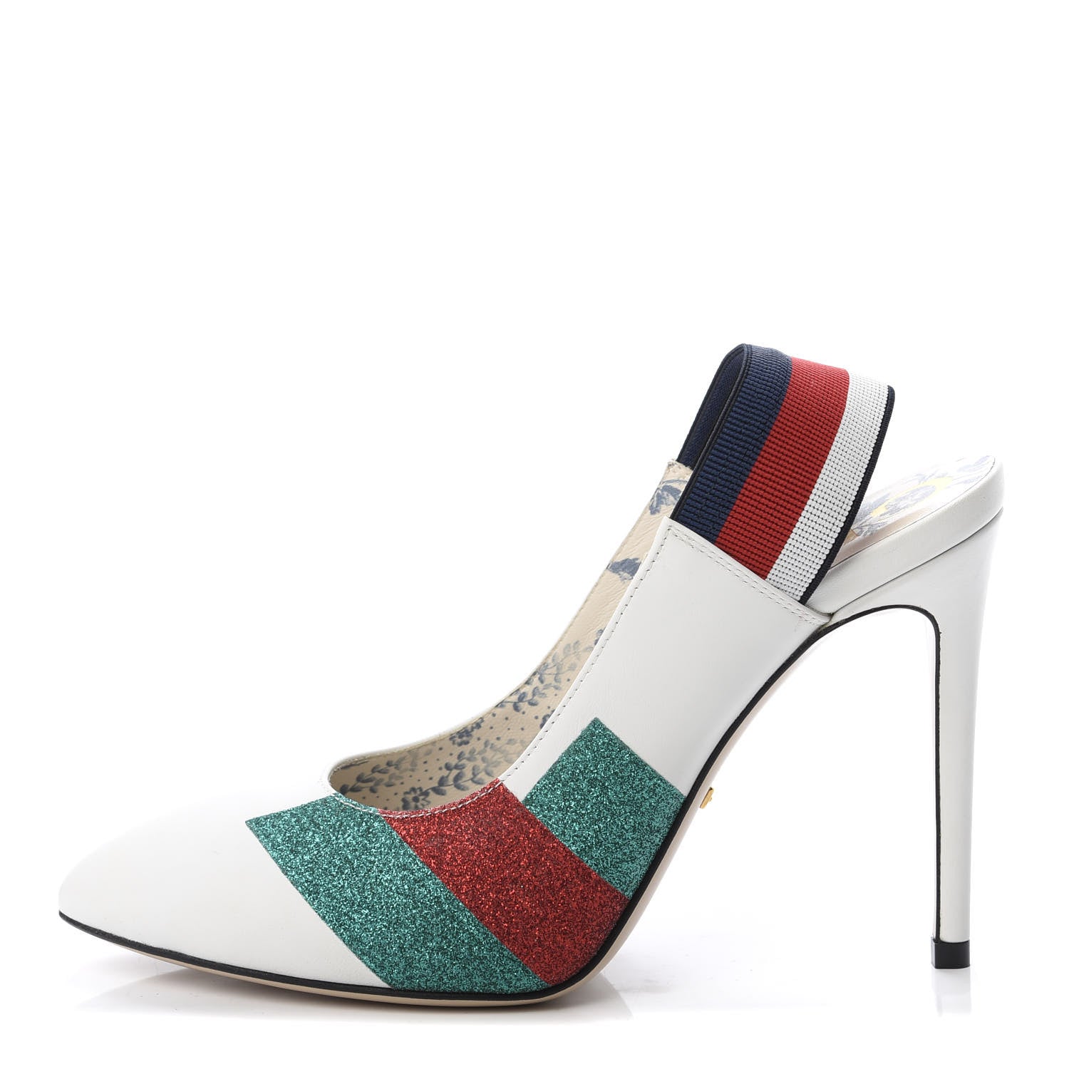 Gucci Calfskin Glitter Web High Heel Slingback Pumps 37.5 White 1 of 9