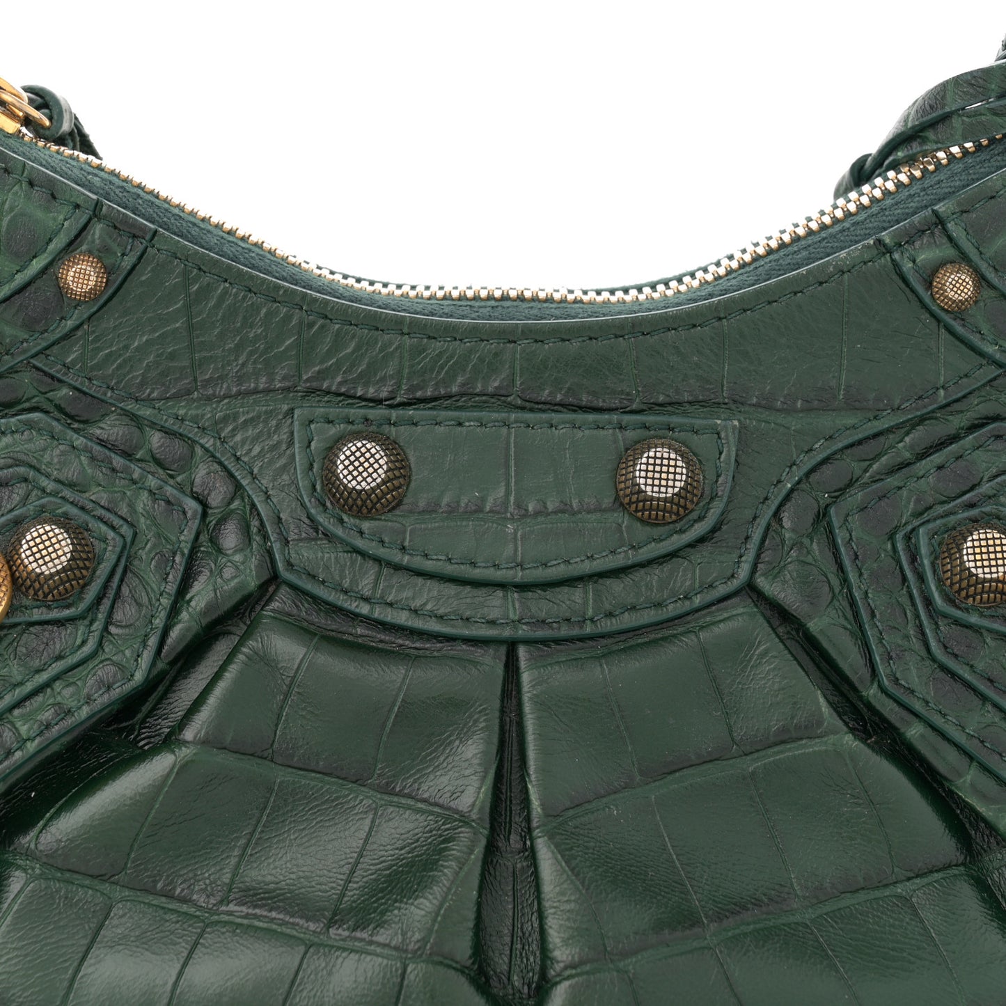 Extra Supple Calfskin Crocodile Embossed Le Cagole Shoulder Bag XS Forest Green