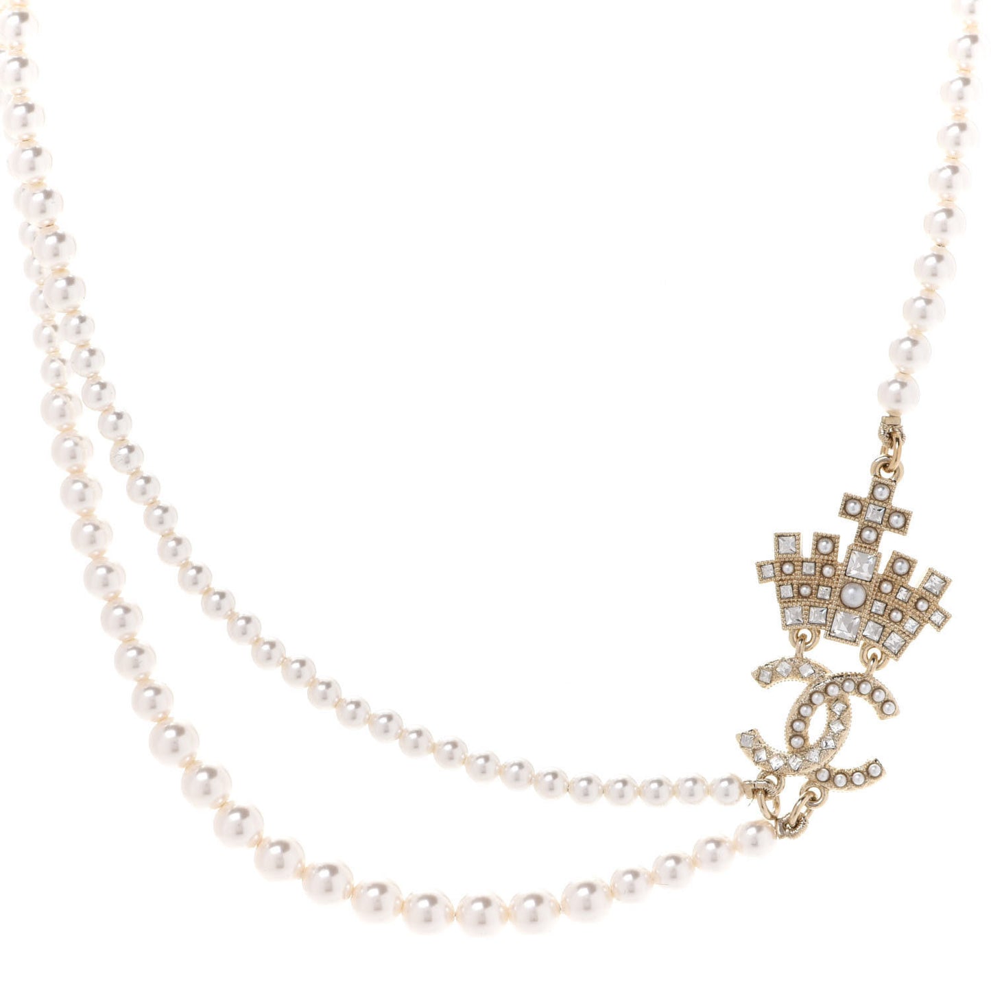 Pearl Crystal CC Crown Multi Strand Necklace Gold